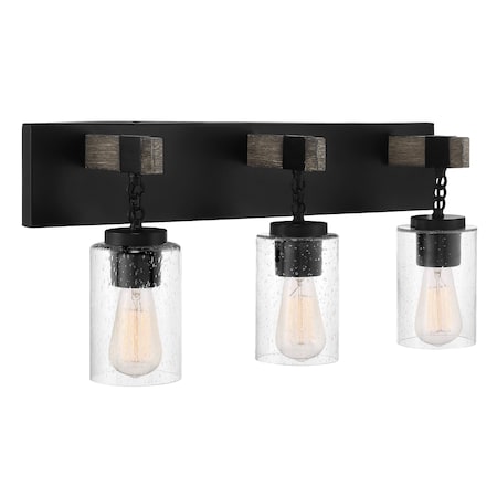 Designers Fountain Fulton 24in 3-Light Matte Black Industrial Indoor Vanity Light with Clear Seedy Glass Shades D202M-3B-MB
